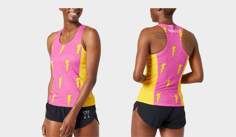ChicknLegs Performance Singlet in pink color with yellow lightning bolts (front and back images as worn by model)