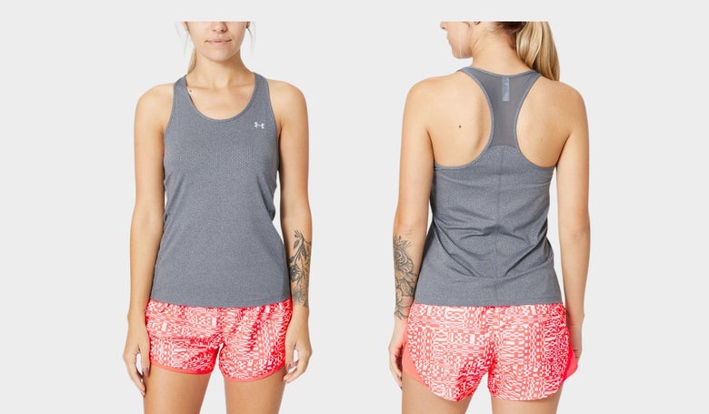 Under Armour HeatGear Armour Racer Tank in gray (front and back images as worn by model)