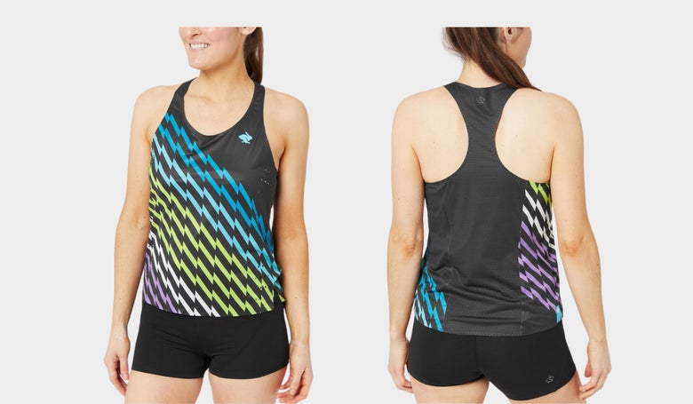 rabbit Go Time Singlet with colorful lightning bolts (front and back images as worn my model)