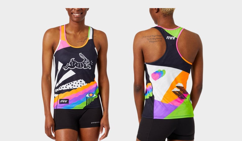 rnnr All Out Singlet colorful stripes with a bunny print (front and back images as worn my model)