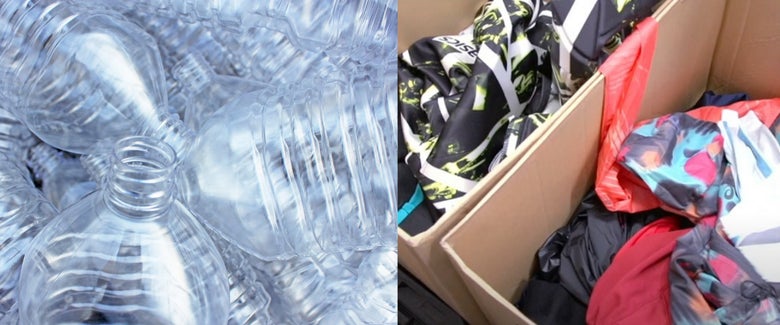 empty plastic bottles and two cardboard boxes of recycled clothing