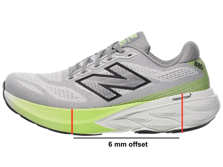 Side view of a gray and green New Balance shoe, Features a 6mm heel-to-toe drop, indicated by red lines