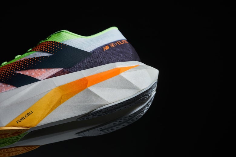 Close up view of side of New Balance Fuel Cell shoe to show the Midsole portion of shoe