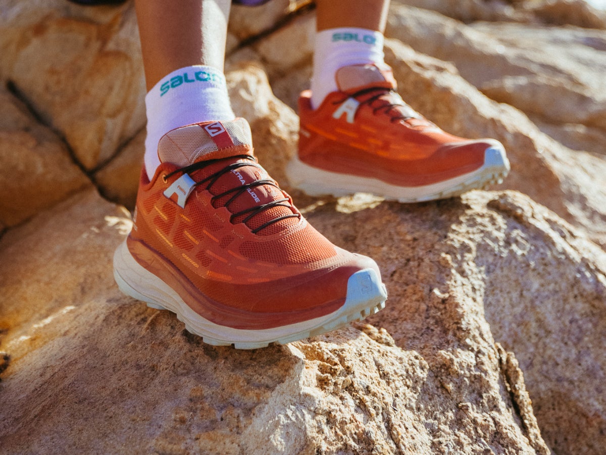 Close up shot of Salomon trail shoes toe bumpers